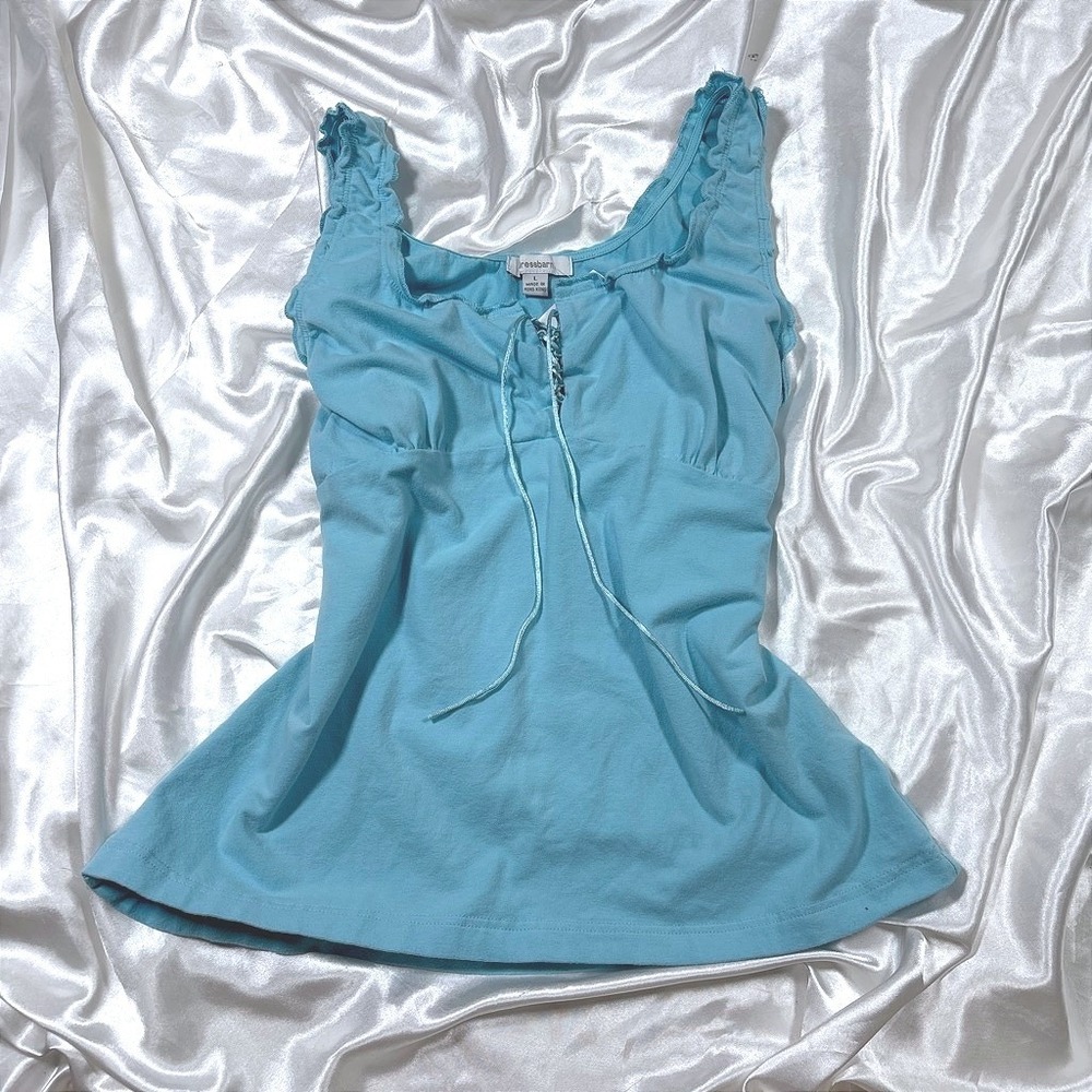 y2k Tank Top Blue Dressbarn Lace Up Lettuce Trim Ribbed Strap Top